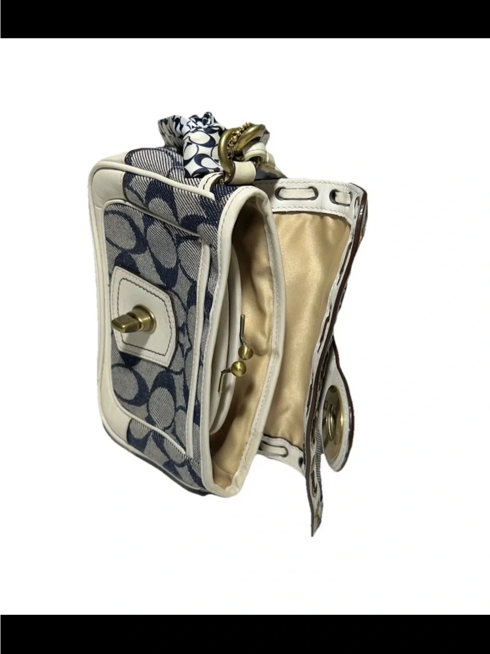Coach Legacy Demi Bag, Signature Denim, White Laced Leather/Trim, Scarf Accent